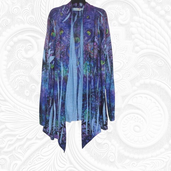 Unity World Wear 1X Blue Peacock Print Open Front Top - Picture 1 of 3